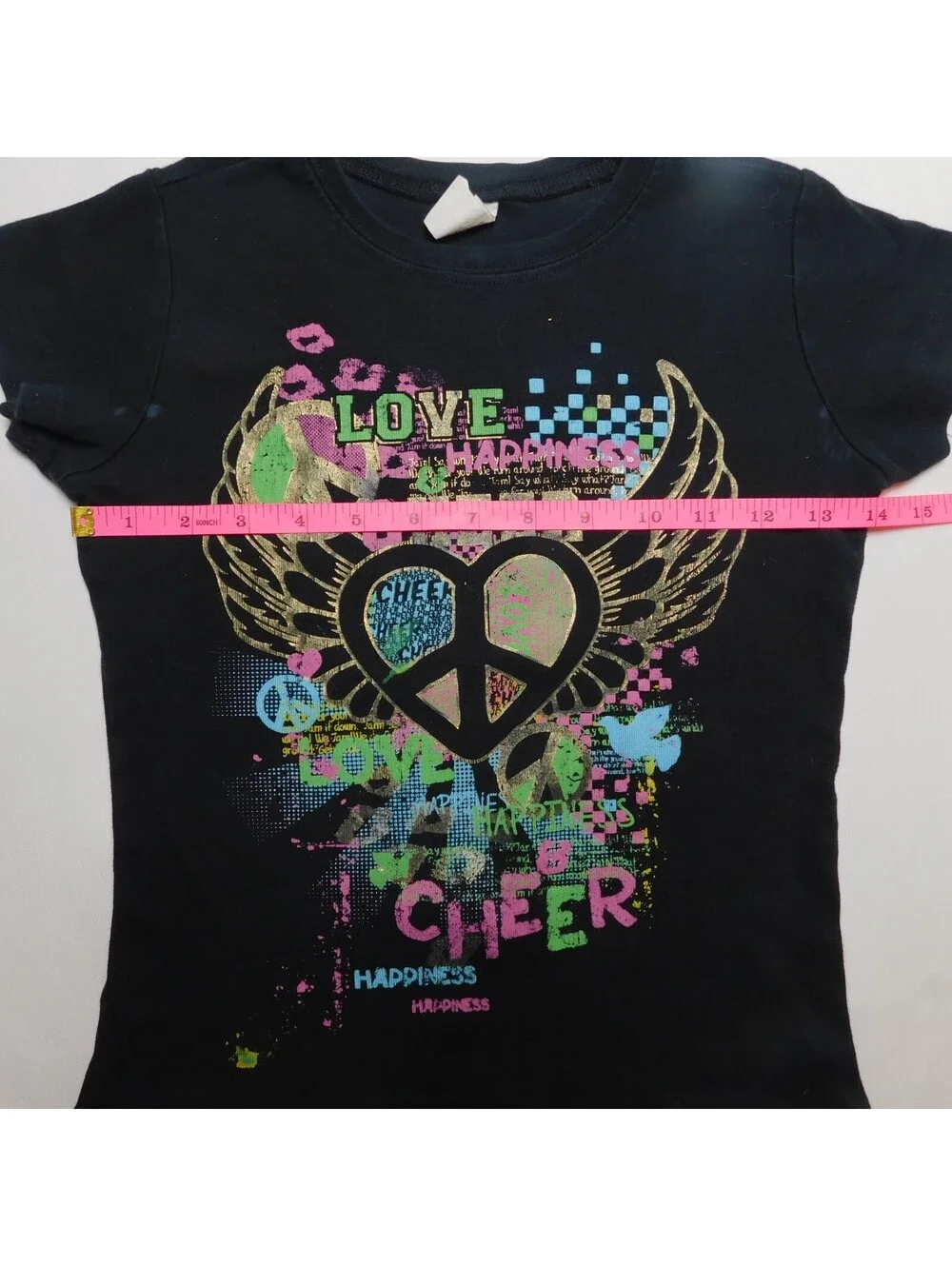 Vintage Cheer Love Happiness T Shirt Youth L Black Peace Sign Wings Y2K Graphic